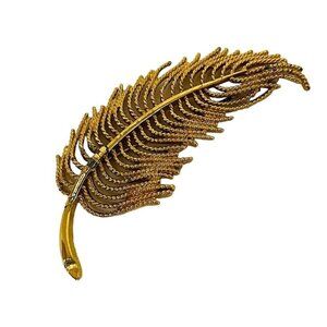 Vintage Signed Monet Feather Brooch Gold Tone Quill Metal 3 3/4" Long